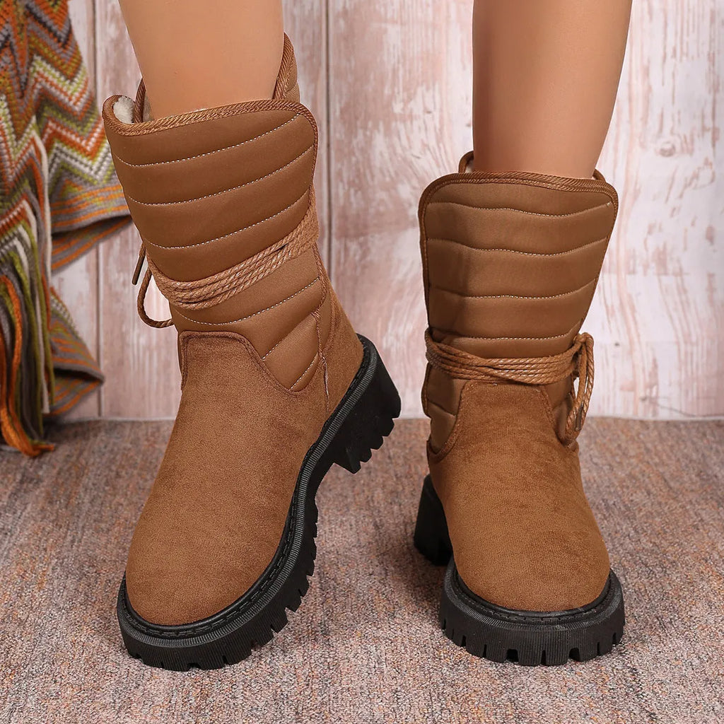 Women's black suede chunky heel snow boots with lace-up high-top and fleece lining.