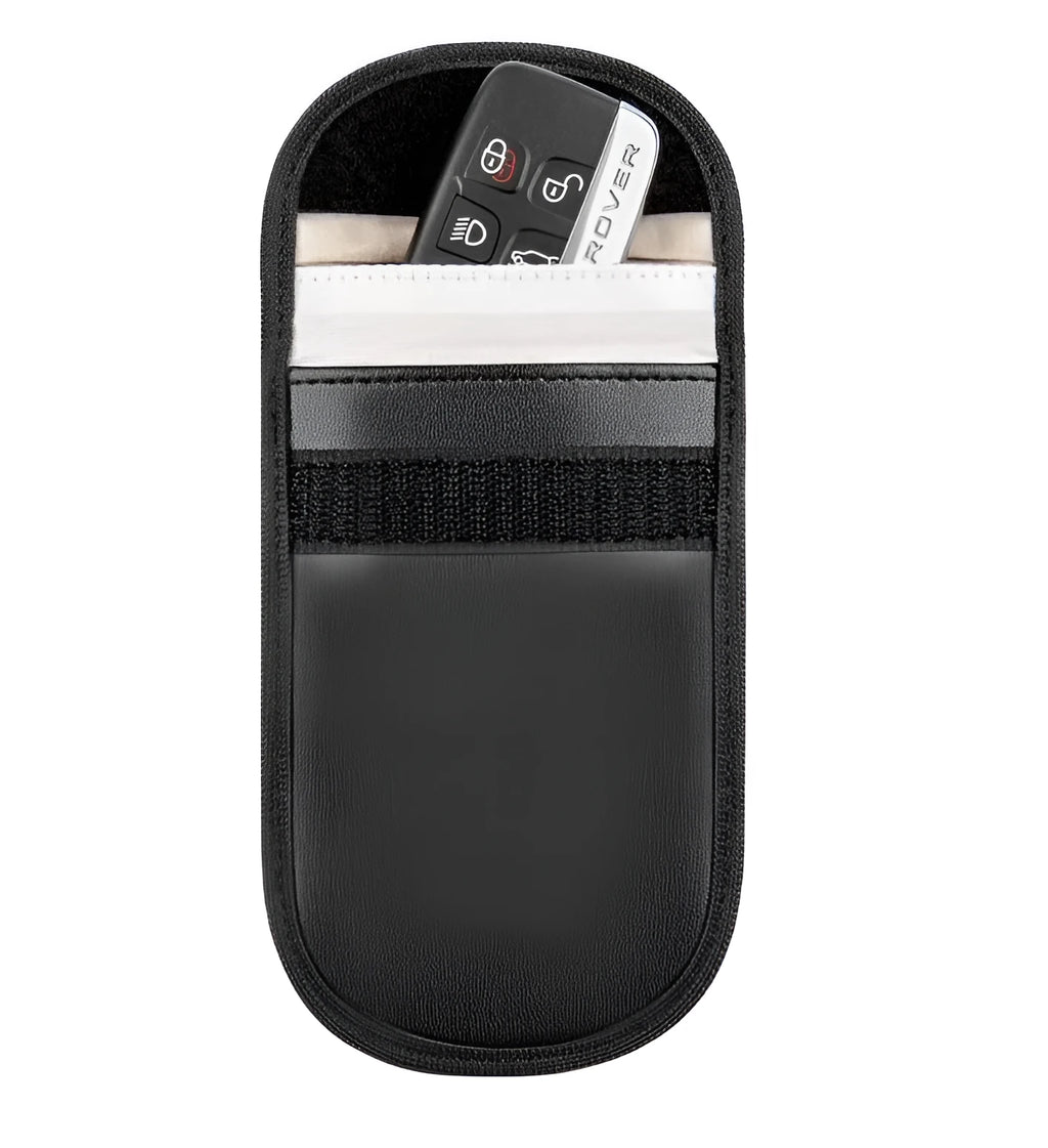 Black microfiber Faraday cage pouch for blocking car key fob and smartphone RFID signals.