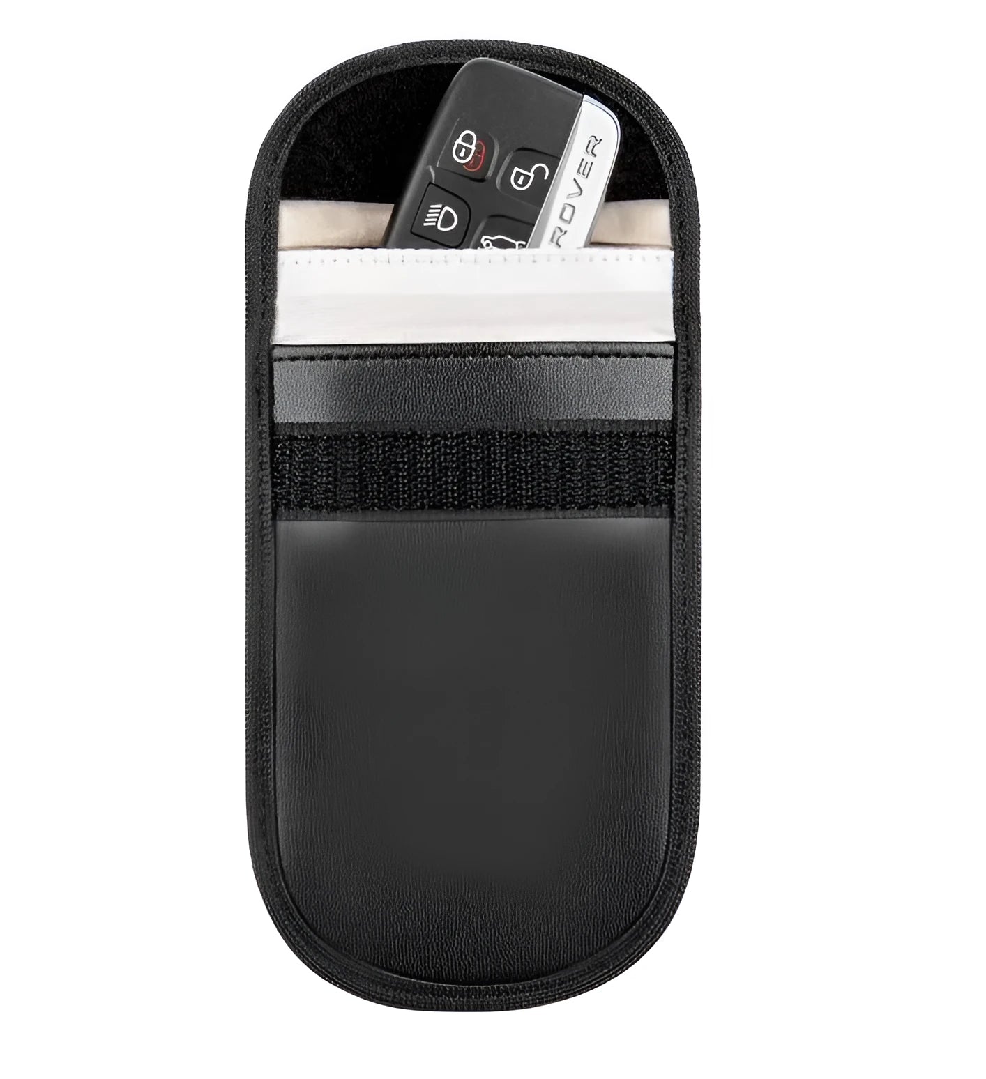 Black microfiber Faraday cage pouch for blocking car key fob and smartphone RFID signals.