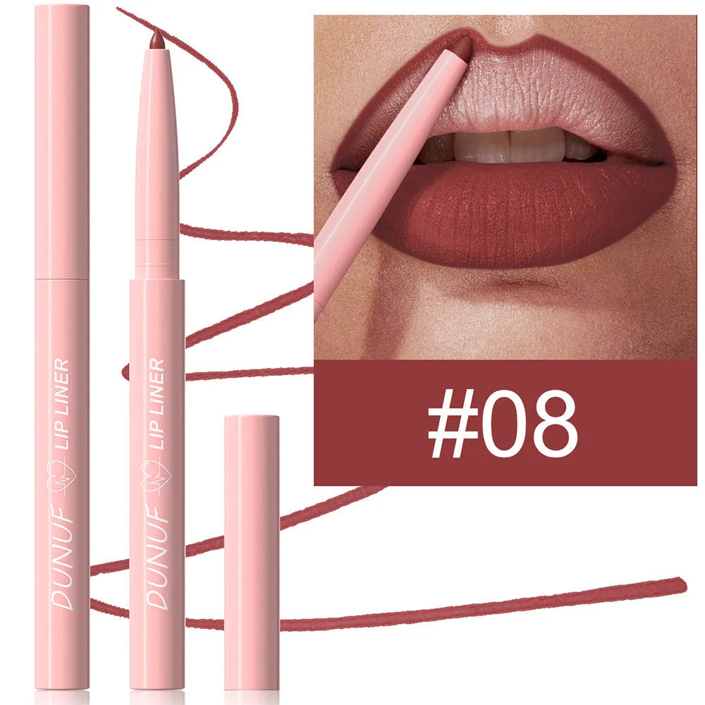 A single velvet matte lip liner pencil shown with a swatch of its colour, representing one of 12 available shades.