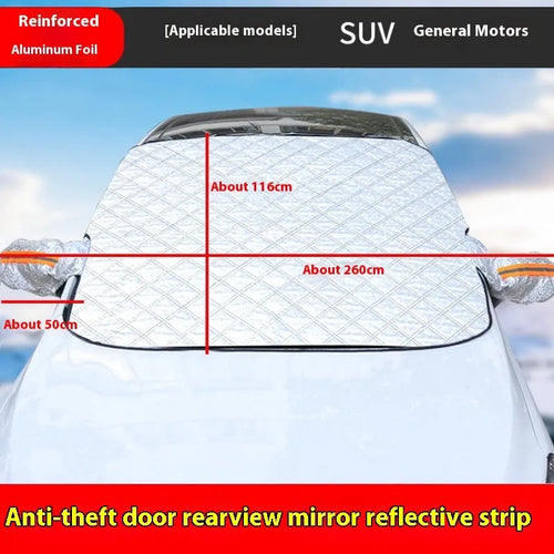 Aluminium foil car cover with reflective stripes and magnets for SUV winter windshield protection