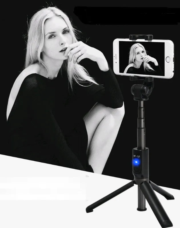Aluminium alloy Bluetooth selfie stick with remote control and adjustable phone clip in black, pink, or white.