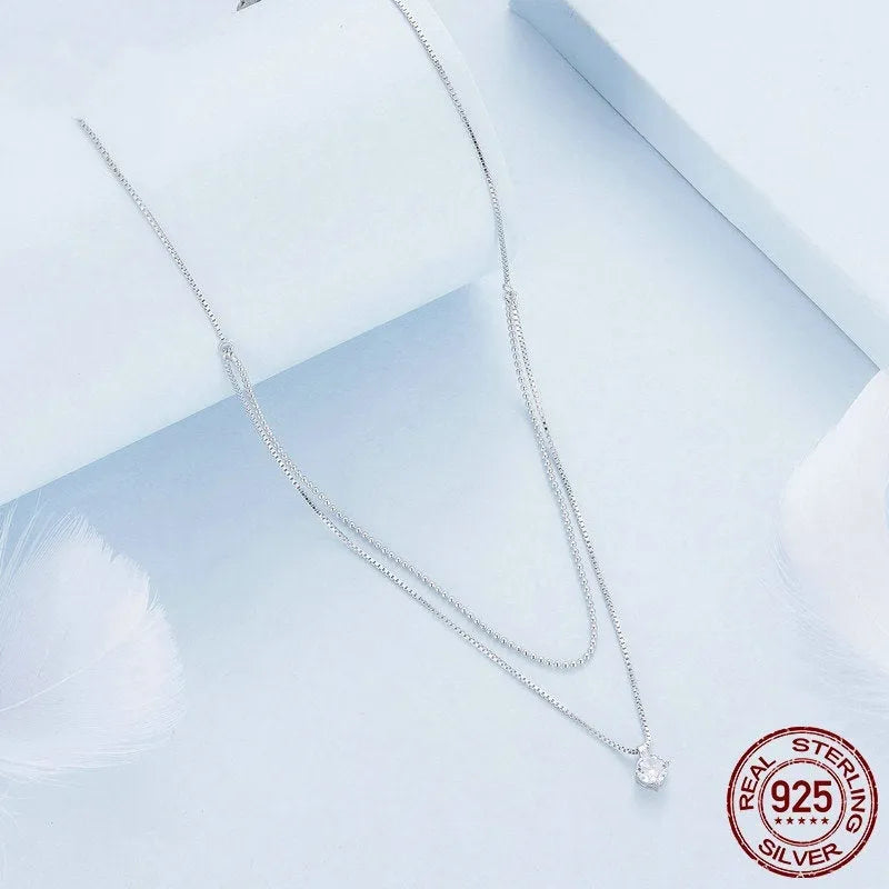 S925 sterling silver double-layer necklace with pearl chain design in silver finish