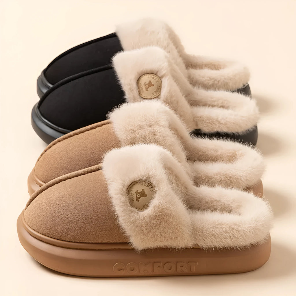 Pair of thick-soled fleece slippers in multiple colour options on a white background.
