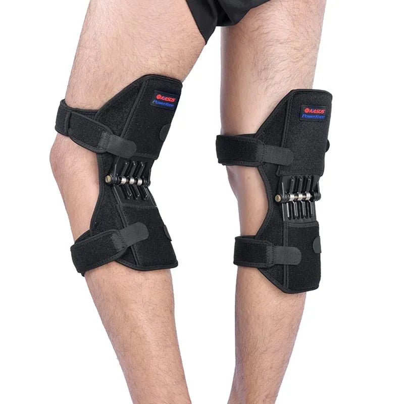 Adjustable spring knee brace patella booster in black colour with breathable fabric and venting holes