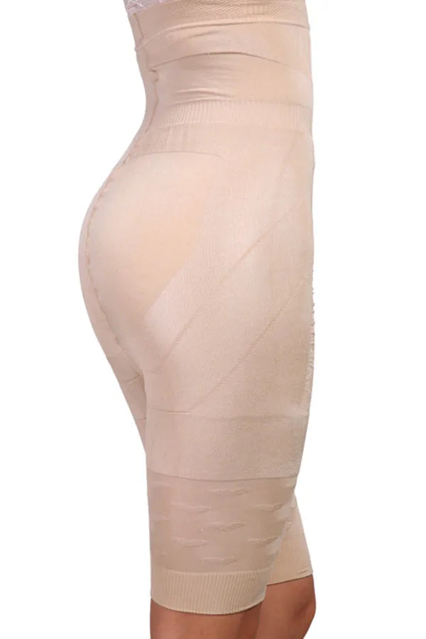 Women's black seamless high-waist shapewear short laying flat.