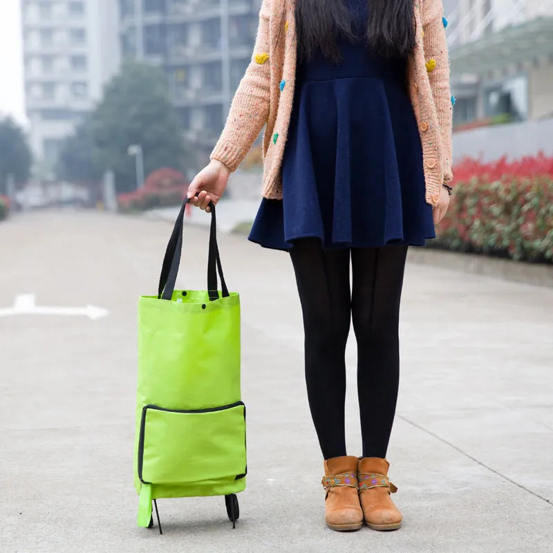 2 in 1 foldable shopping cart with wheels, Oxford cloth bag, 25kg capacity, in green