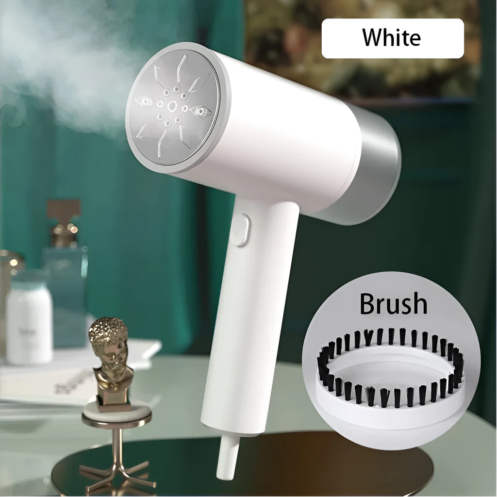 White hand-held hanging ironing machine with stainless steel panel and 200 ml water tank on white background