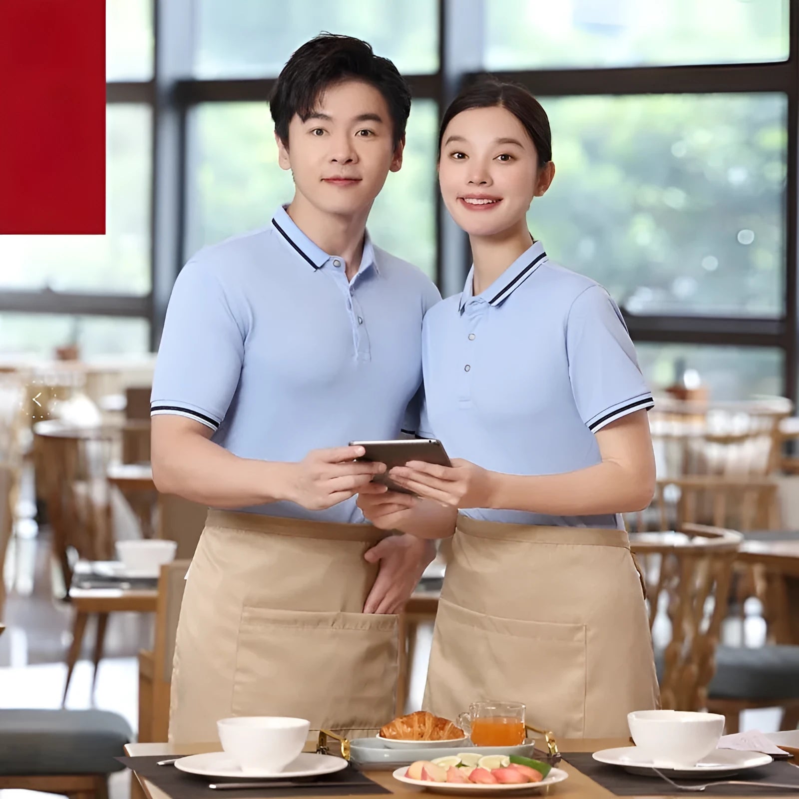Summer waiter workwear cotton blend top in bean green on a model, featuring a collared short-sleeve design.