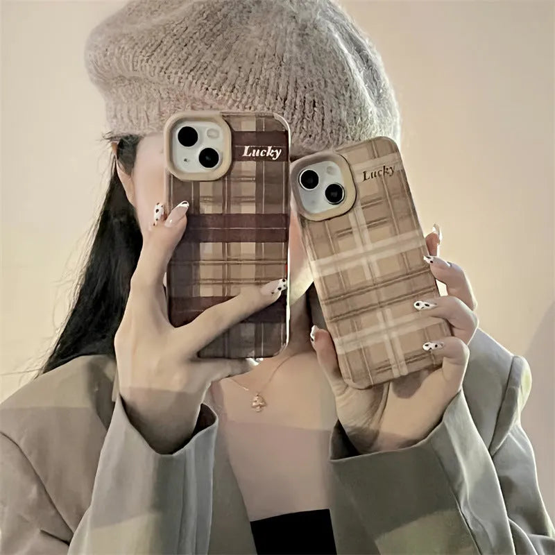 Letter personality lambskin plaid phone case for iPhone 14 in light coffee colour with embossed pattern