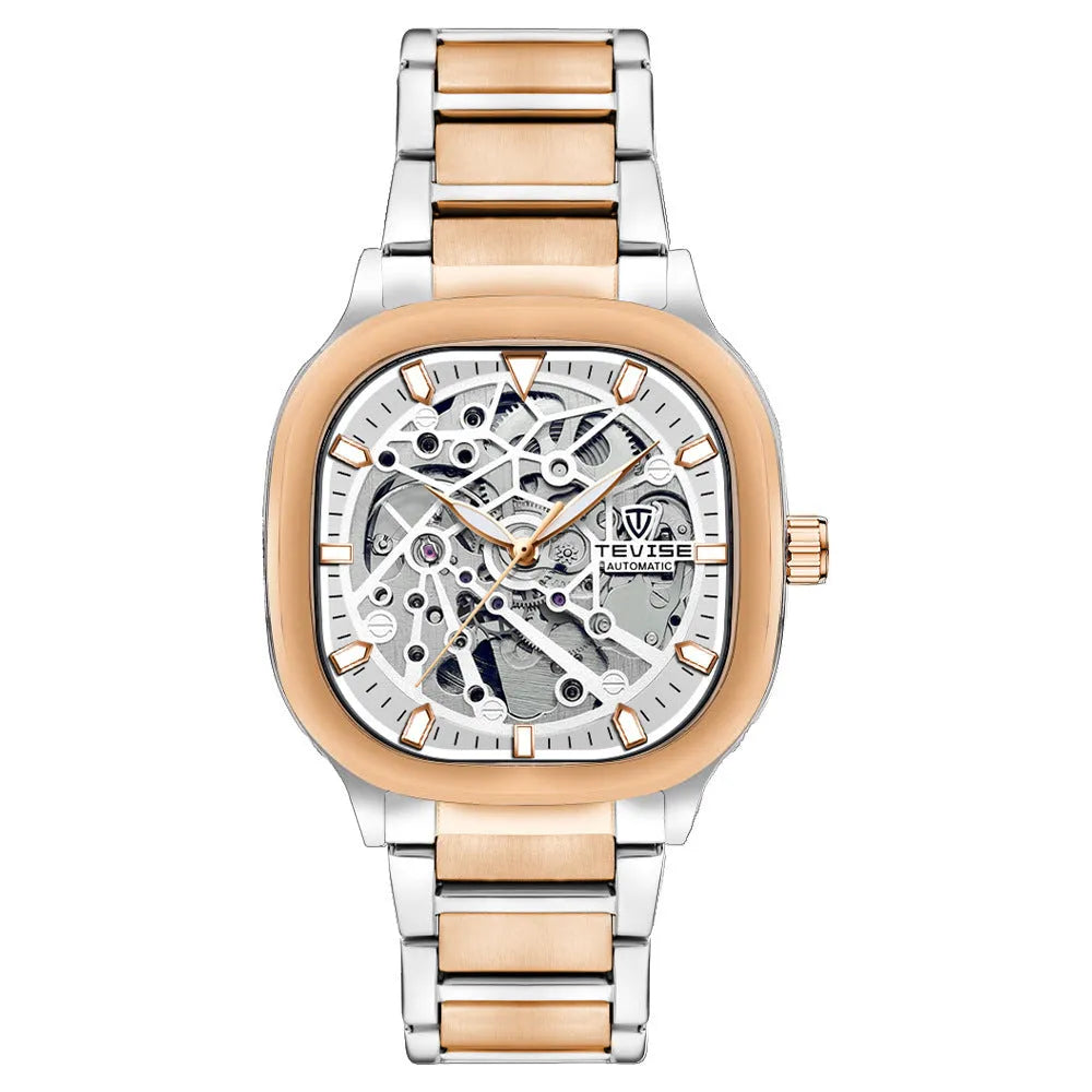 Men's automatic waterproof watch with square luminous dial and stainless steel strap