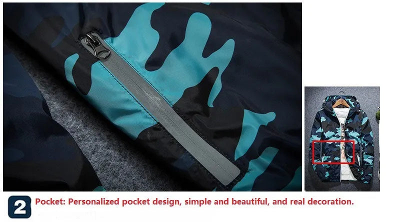 Covrlge men's spring camouflage hooded jacket with luminous reflective zipper detail in green