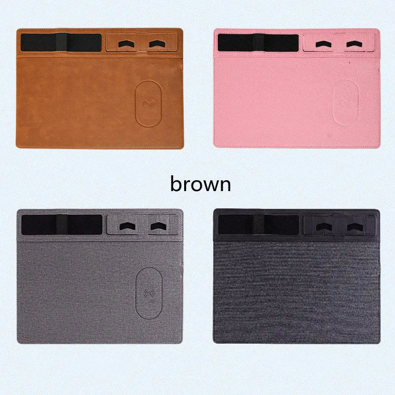 Wireless charging mouse pad with integrated phone holder on black PU leather surface