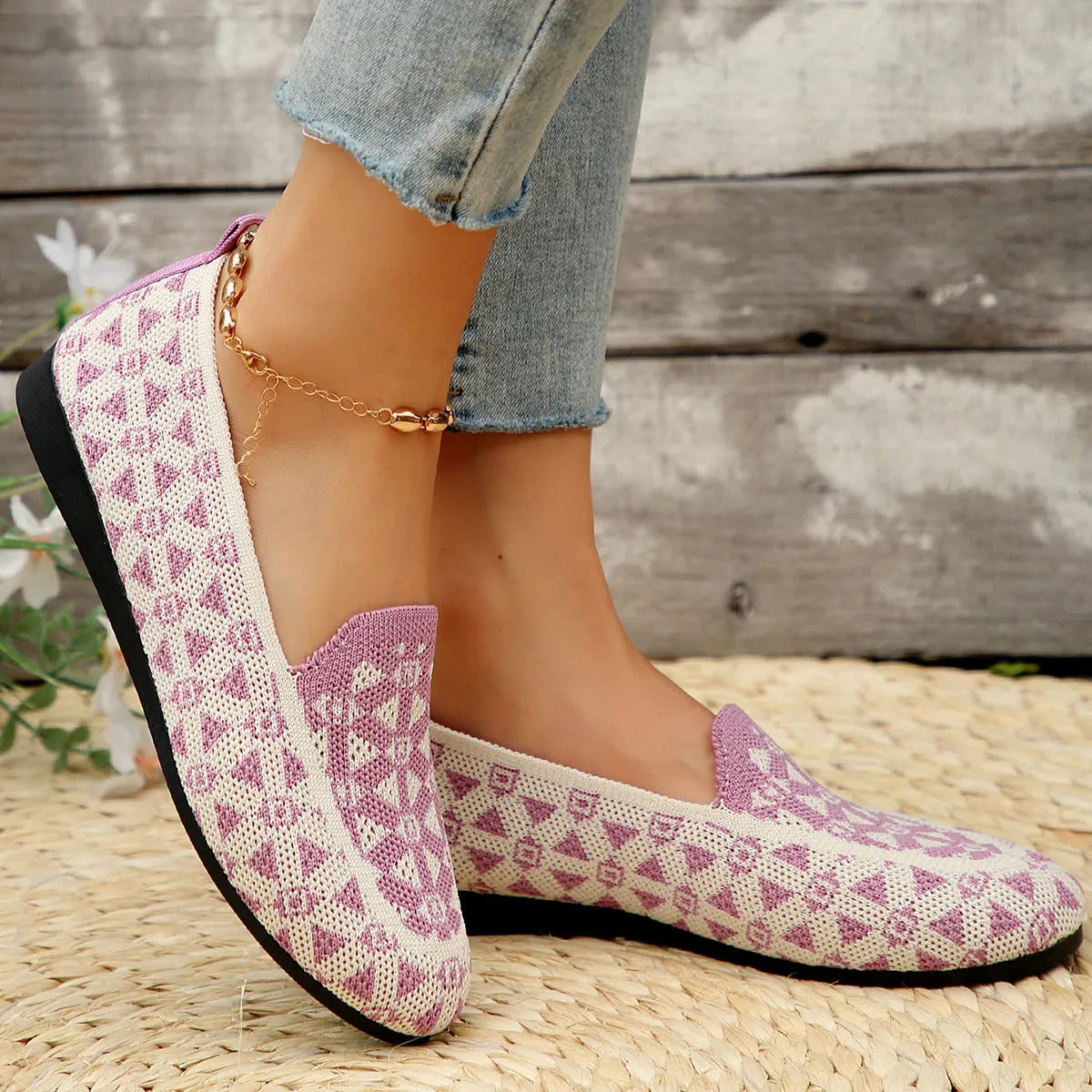 Women's casual flat shoes blue knitted loafers round toe slip-on rubber sole