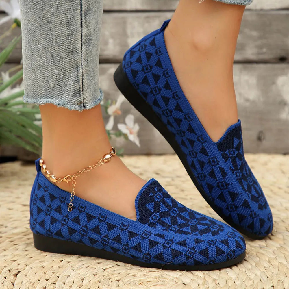 Women's casual flat shoes blue knitted loafers round toe slip-on rubber sole