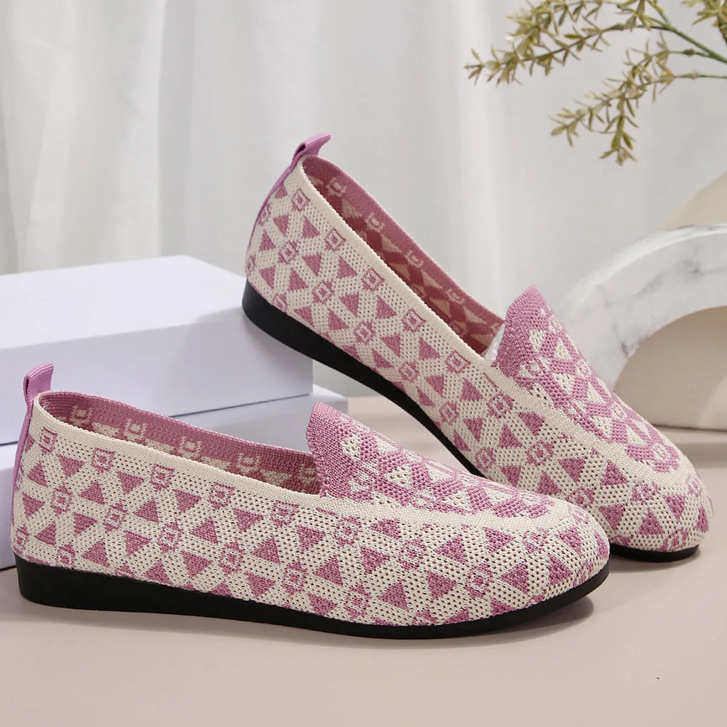 Women's casual flat shoes blue knitted loafers round toe slip-on rubber sole