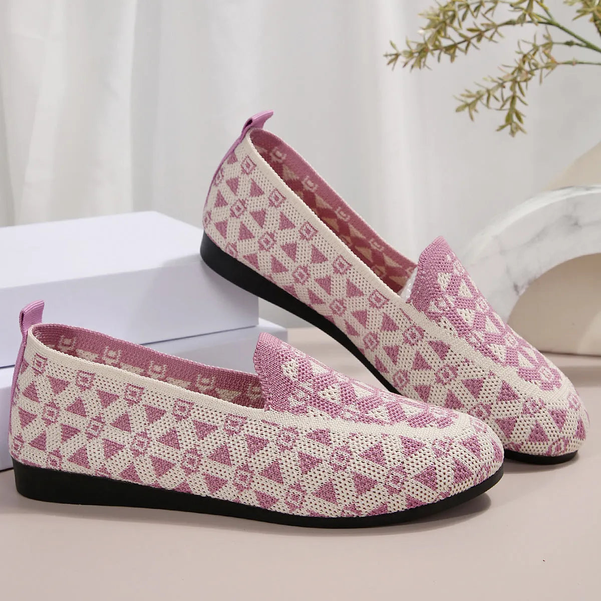 Women's casual flat shoes blue knitted loafers round toe slip-on rubber sole