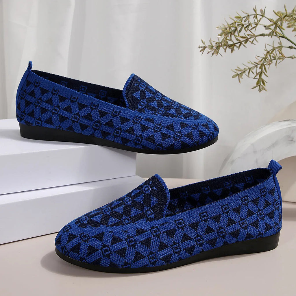 Women's casual flat shoes blue knitted loafers round toe slip-on rubber sole