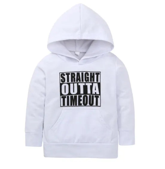 Children's hooded cotton letter top in black with long sleeves, pullover style, suitable for autumn and winter