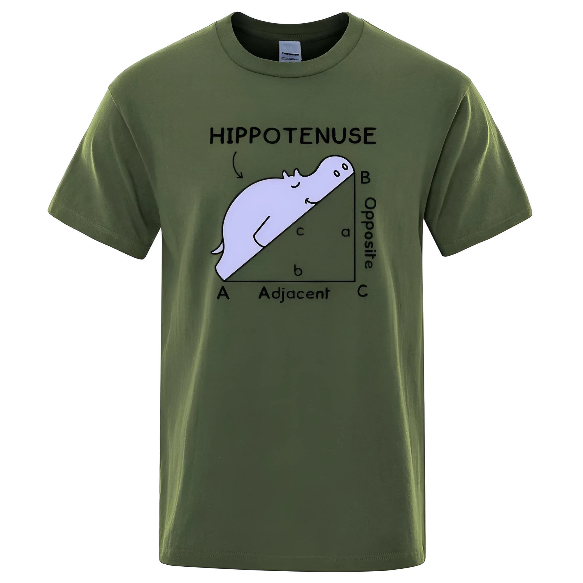 Hippotenuse Opposite Adjacent funny printed loose-fit cotton t-shirt in army green colour.