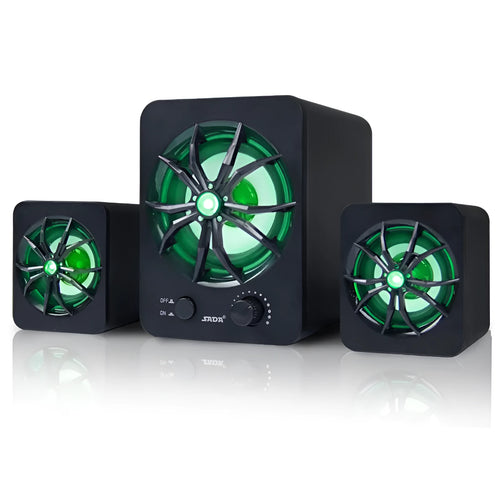 Green 2.1 USB computer speaker with LED lighting on desktop