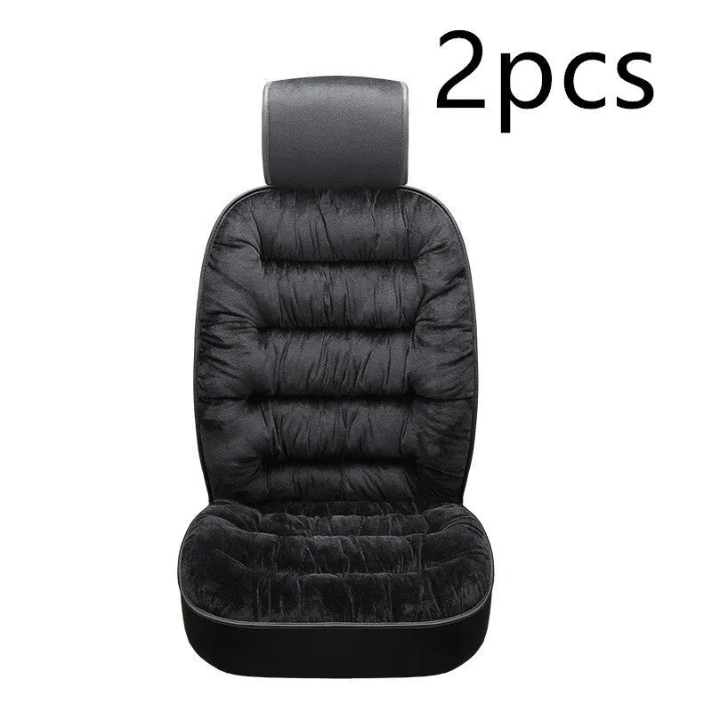 Universal winter warm plush car seat cushion set in beige, showing front seat cover with elastic fixings on a car interior