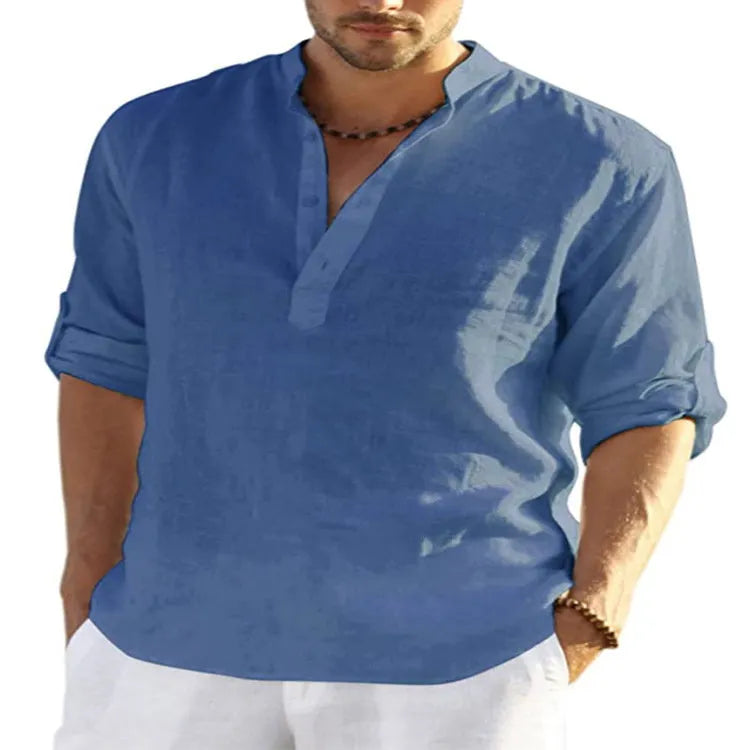 Men's cotton linen long sleeve shirt with stand collar in solid colour options