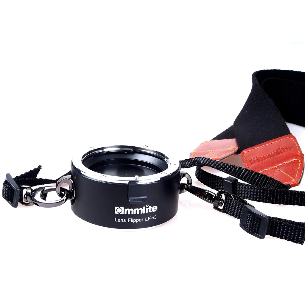 Aluminium camera lens flipper holder with shoulder strap for Canon Nikon Sony mounts