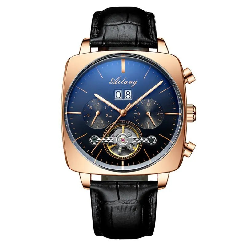 Men's automatic mechanical watch with black leather strap, hollow dial, and luminous hands on a white background