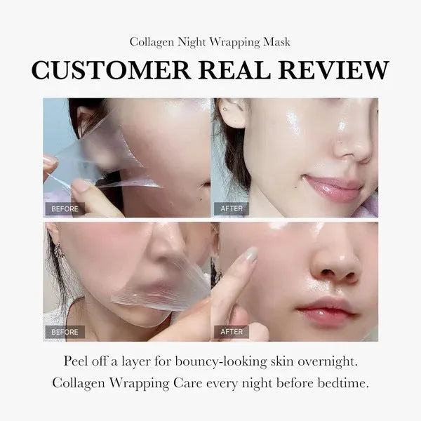 75ml bottle of collagen night face mask with an application brush on a white background.