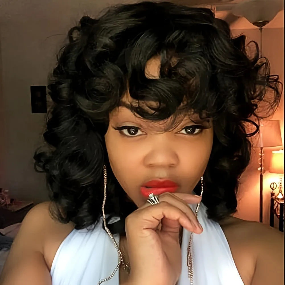 Black synthetic Afro wig with long curly hair in European American exotic style