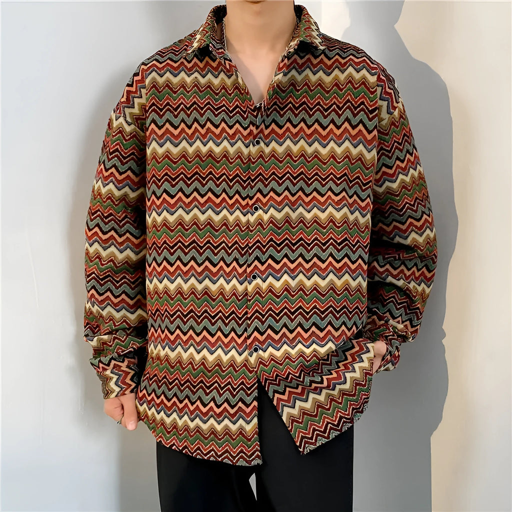 Loose Japanese retro ethnic style couple long sleeve cardigan shirt in brown polyester, front view