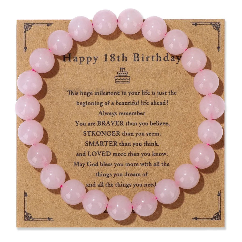 Handmade natural stone bead elastic string bracelet with birthday card, unisex geometric circle design, 17cm size