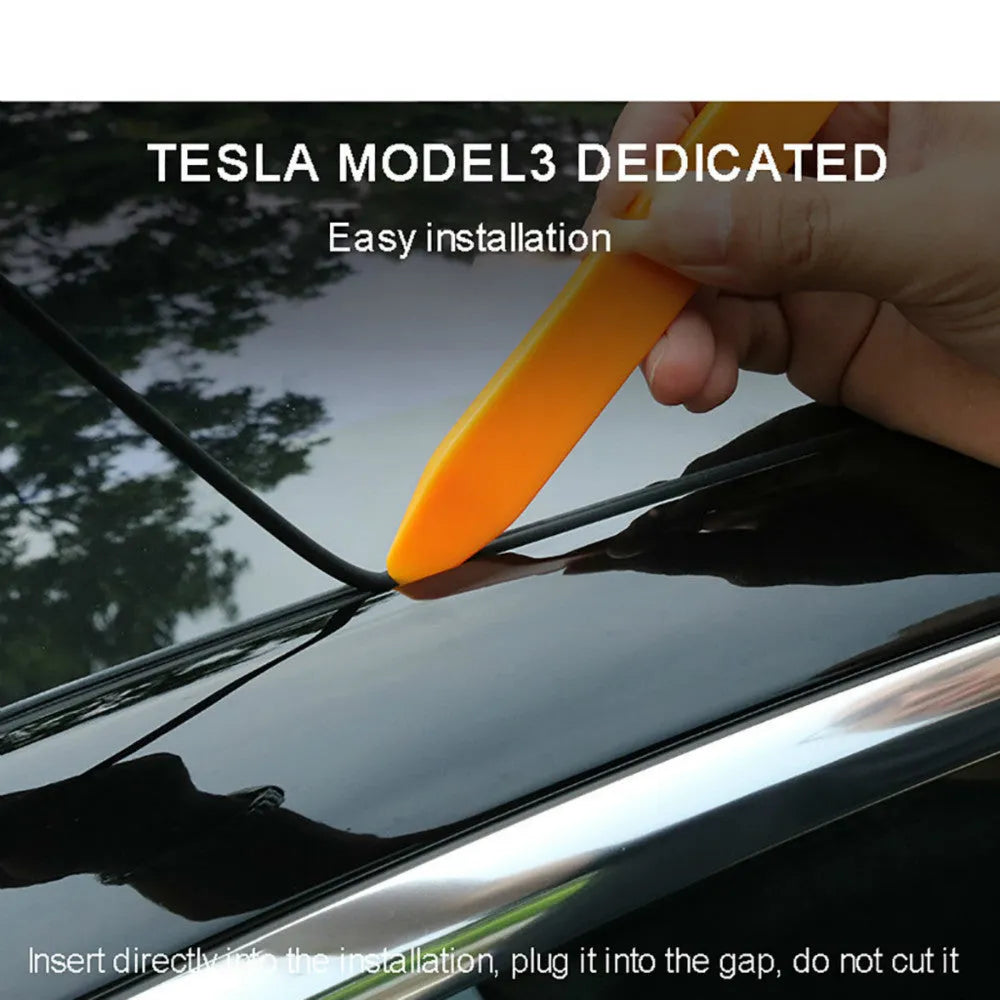 Black silicone Tesla Model 3 windshield roof sunroof seal rolled out, showing 285 cm length