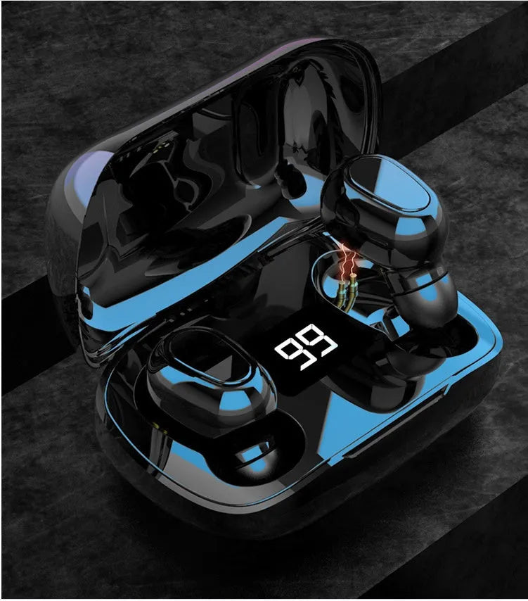 XG8 noise reduction sports headphones in black with charging case on white background