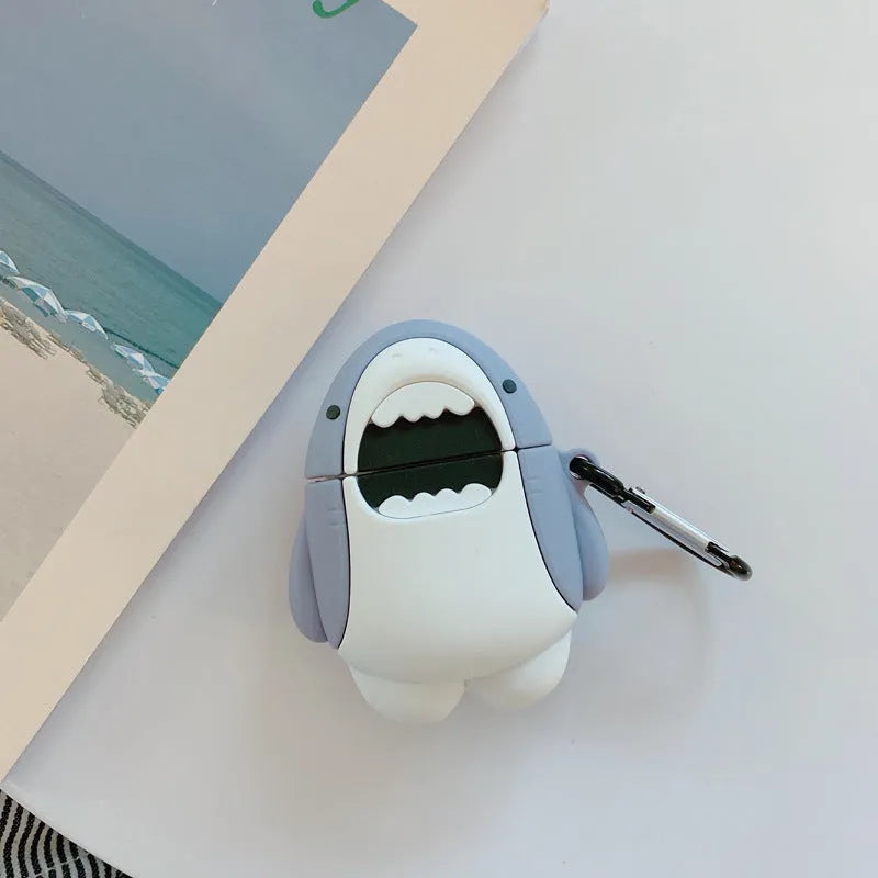Silicone protective case cover for Apple Airpods 1 and 2 with shark fin accessory attached.