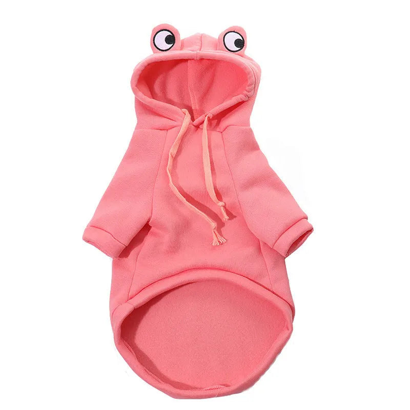 Green frog costume hoodie on a small dog, showing long sleeves and hood