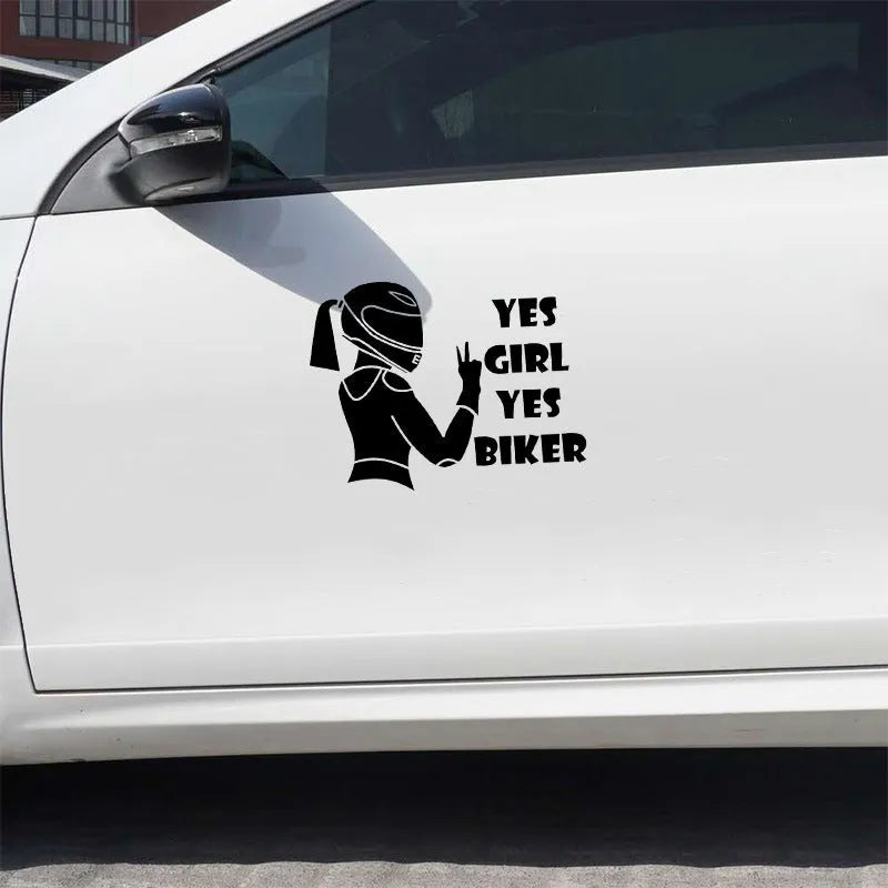 Cool girl rider character car sticker in waterproof pet material, size 16cm by 15cm