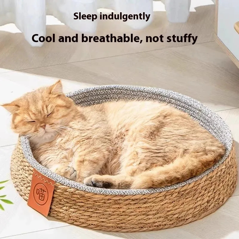 Rattan cat bed with natural open weave construction in four available sizes