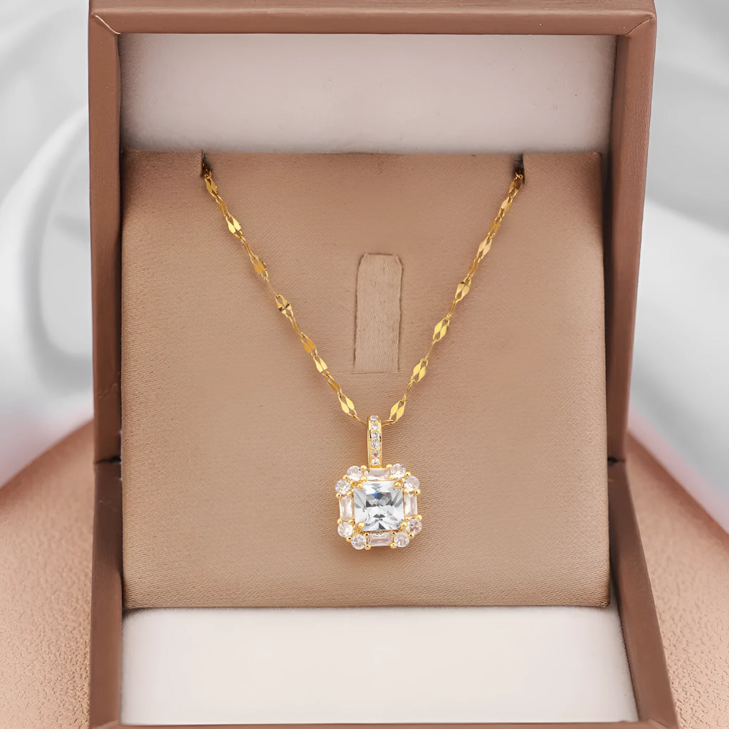 Geometric quadrilateral pendant necklace with mixed gemstones on water wave chain