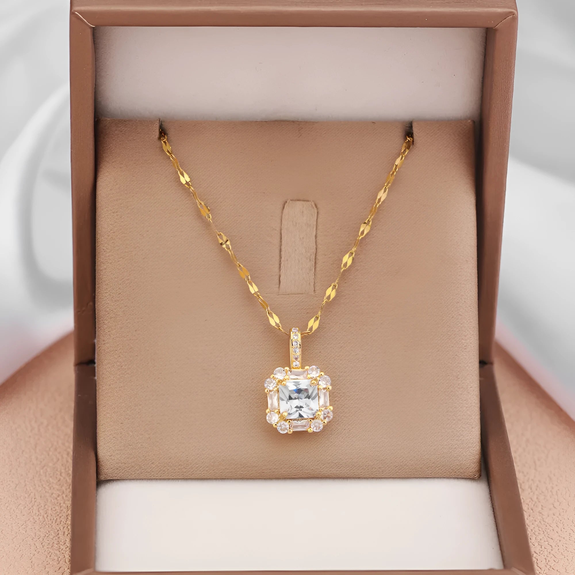 Geometric quadrilateral pendant necklace with mixed gemstones on water wave chain