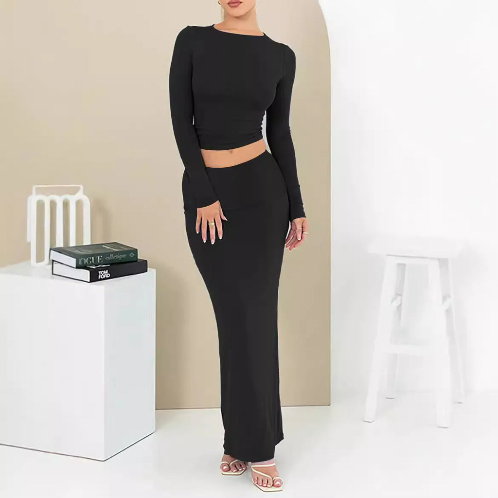 Women's polyester two-piece suit set with three-quarter sleeve top and long skirt in fresh sweet style