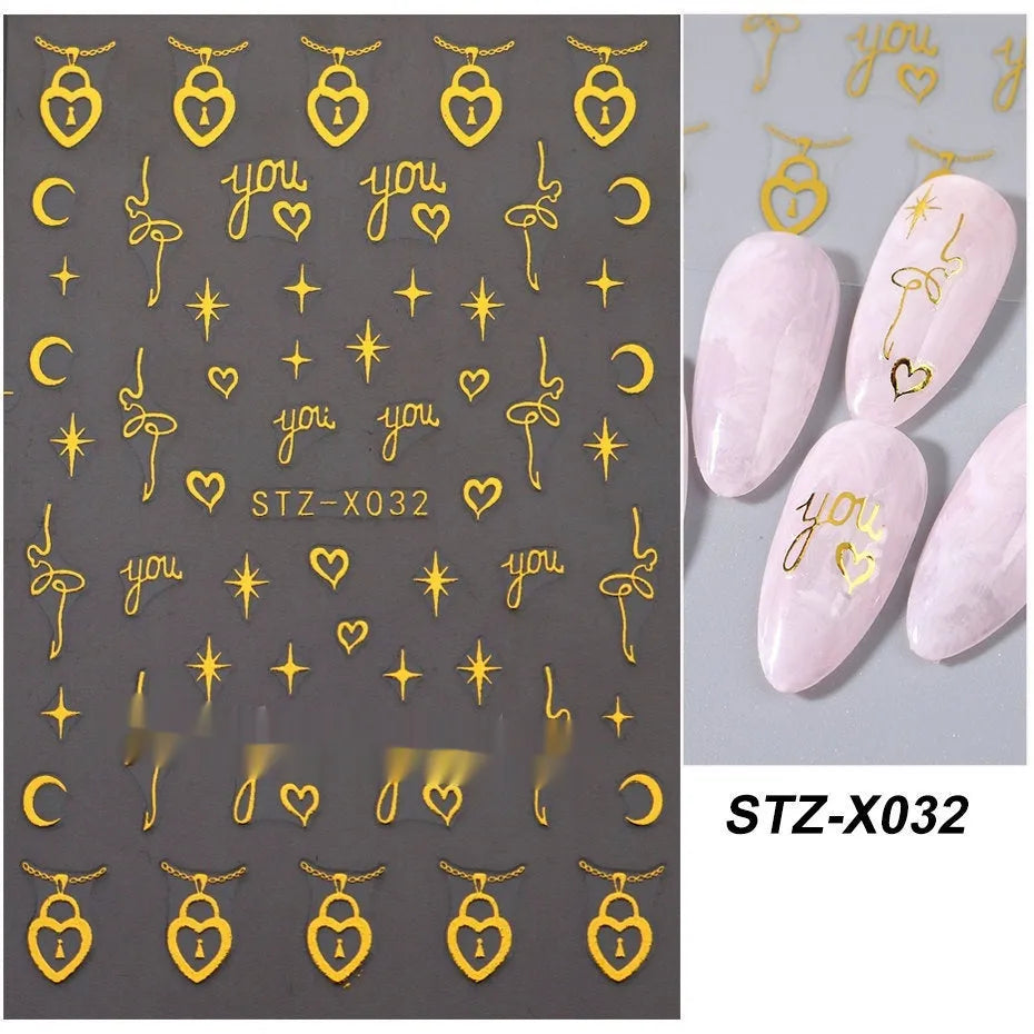 Pack of black and silver striped nail art stickers with cartoon and love pattern designs.