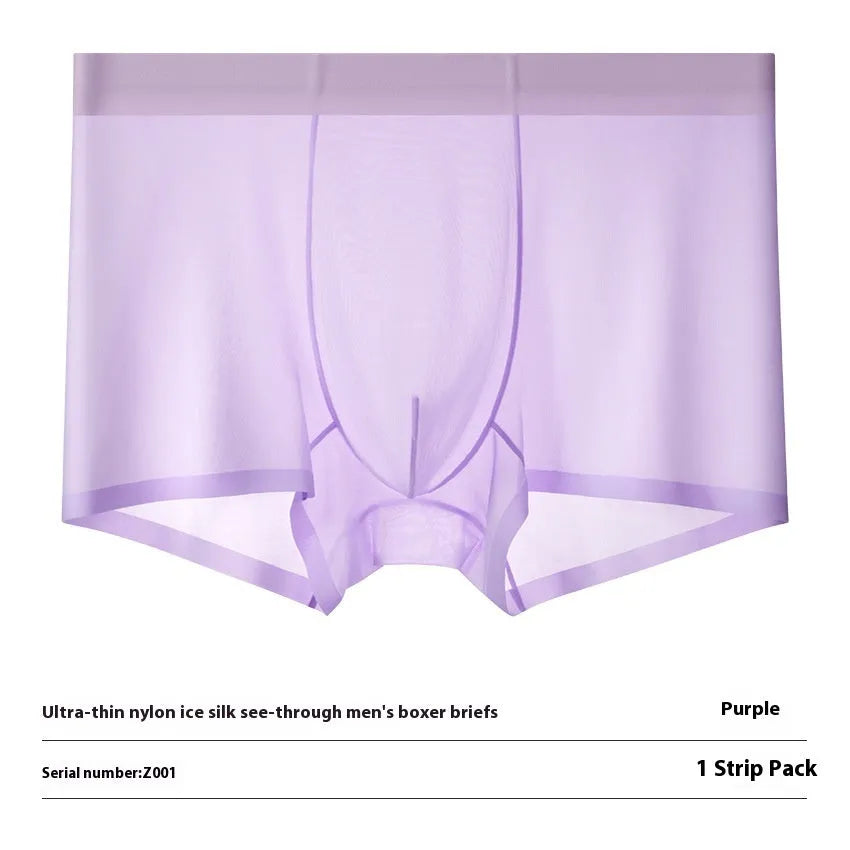 Seamless Ice Silk men's boxer briefs in white, shown flat to highlight traceless construction.