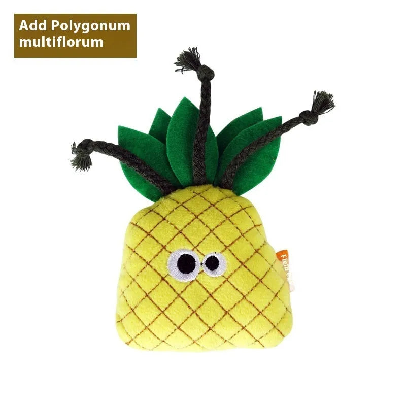 Six catnip plush pillow toys in burrito, cone, cucumber, mushroom, pineapple, and pizza styles