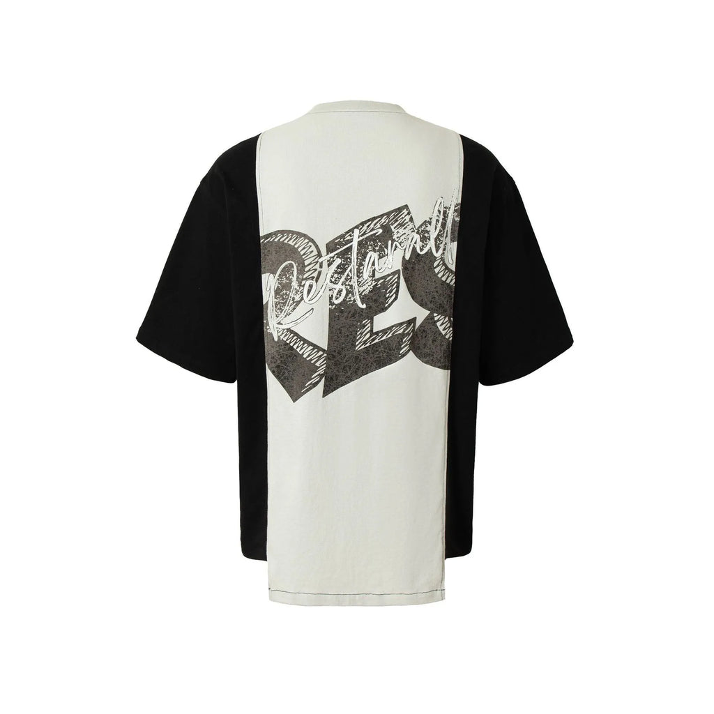 Black and white deconstruction printed cotton blend t-shirt with loose fit and short sleeves