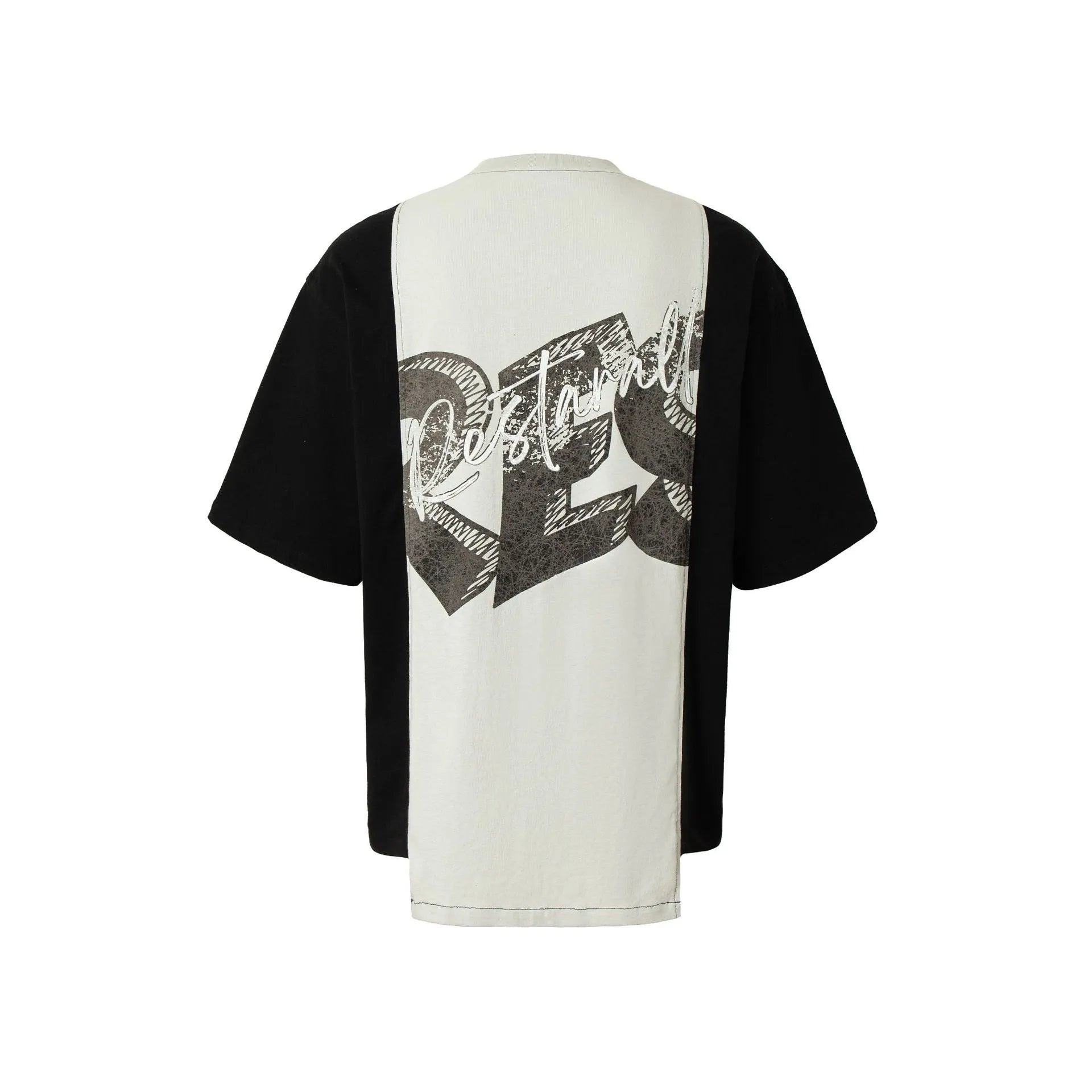 Black and white deconstruction printed cotton blend t-shirt with loose fit and short sleeves