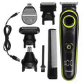 Black household electric hair clipper with USB charging cable and cleaning brush on a white background.