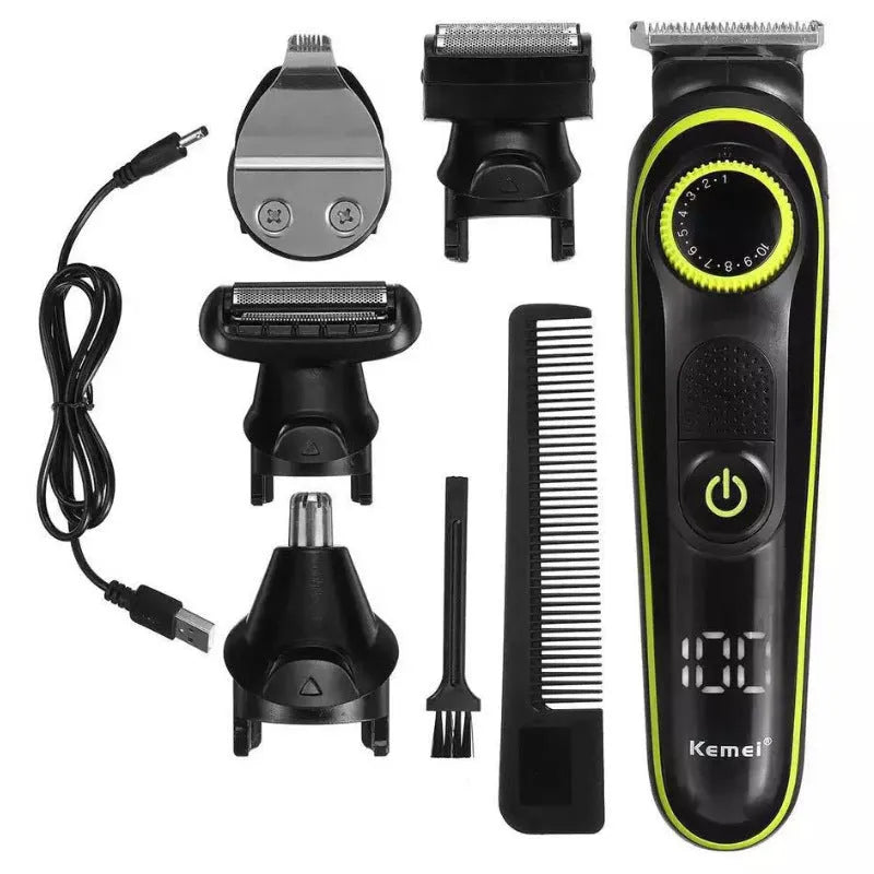 Black household electric hair clipper with USB charging cable and cleaning brush on a white background.