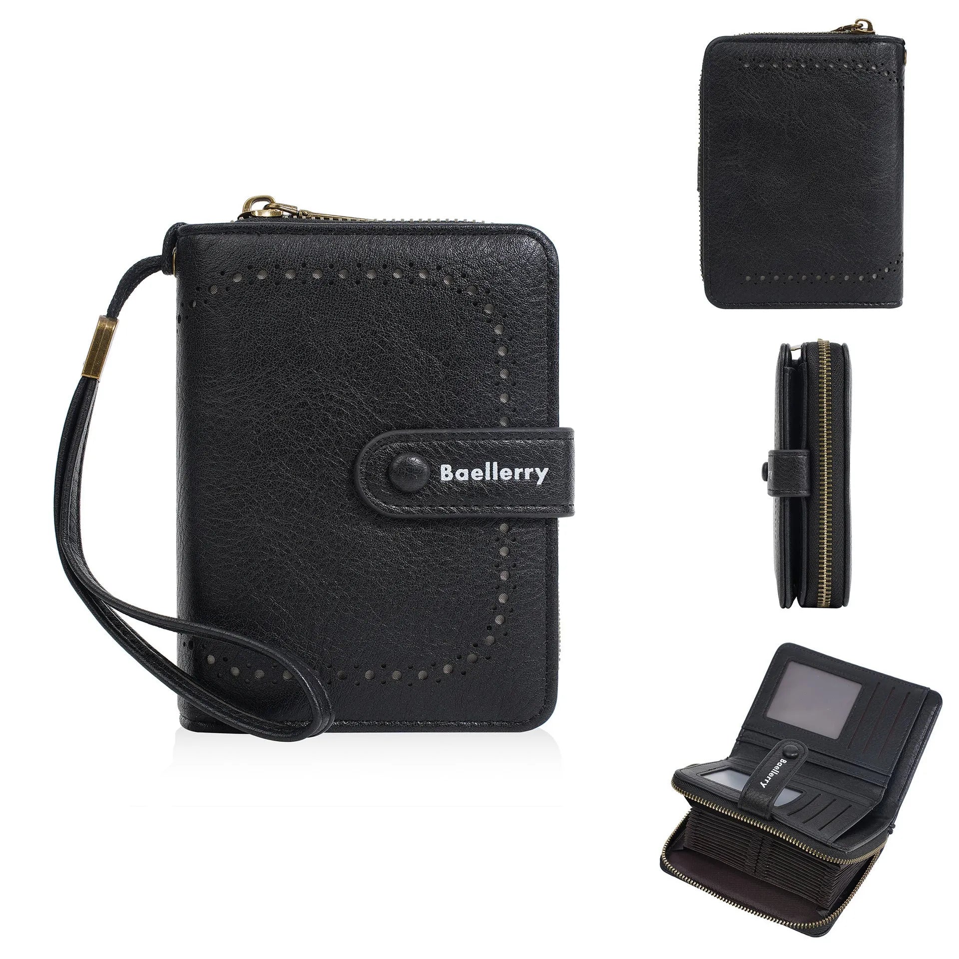 Women's black PU leather zipper coin purse with integrated card slots open.